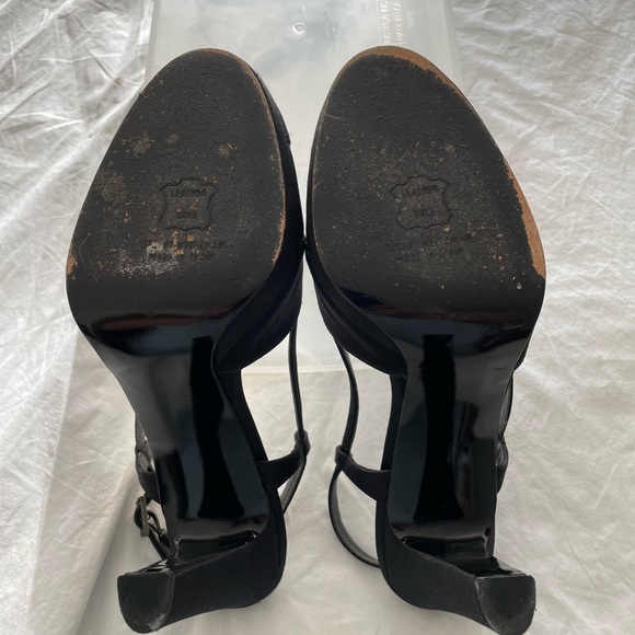 Stuart Weitzman peeptoe black satin shoes 4.5” heel with 1/2” platform Worn once